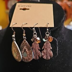 New Set Of 2 Carole Copper Feather & Teardrop Earrings Set in Antique Copper